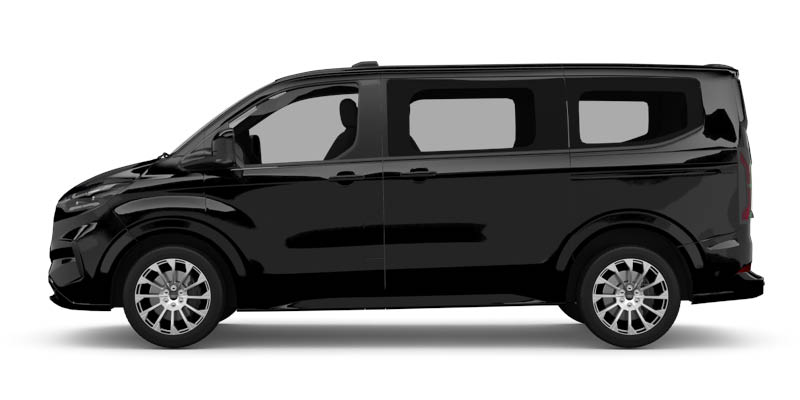 Seitliche Ansicht des Ford Tourneo Custom in schwarz
