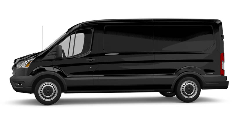 Seitliche Ansicht des Ford Transit Bus in schwarz