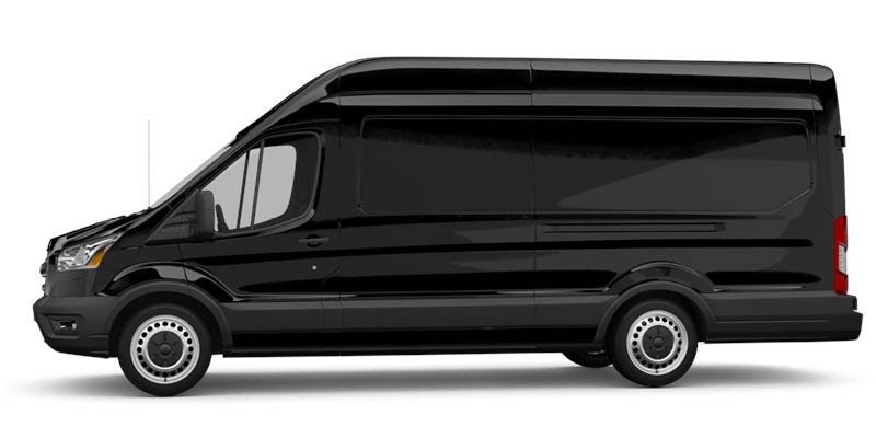 Seitliche Ansicht des Ford Transit Fahrgestell in schwarz