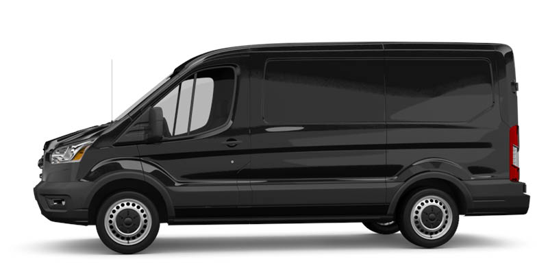 Seitliche Ansicht des Ford Transit in schwarz