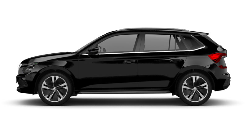 Seitliche Ansicht des Škoda Kamiq in schwarz