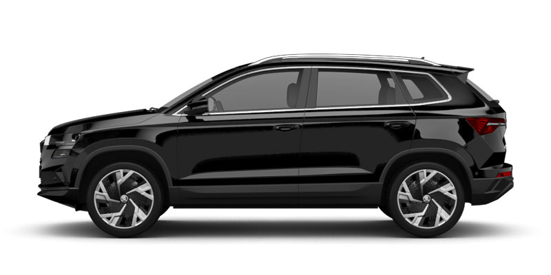 Seitliche Ansicht des Škoda Karoq in schwarz