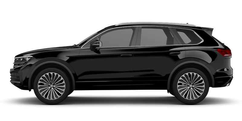 Seitliche Ansicht des VW Touareg in schwarz
