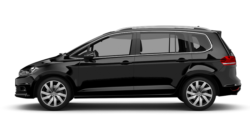 Seitliche Ansicht des VW Touran in schwarz